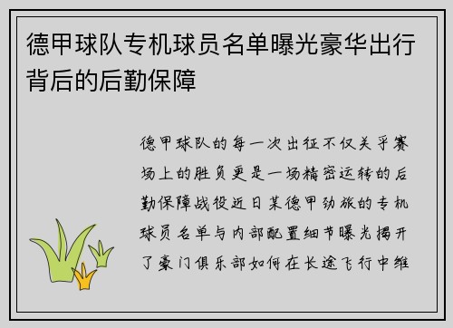 德甲球队专机球员名单曝光豪华出行背后的后勤保障